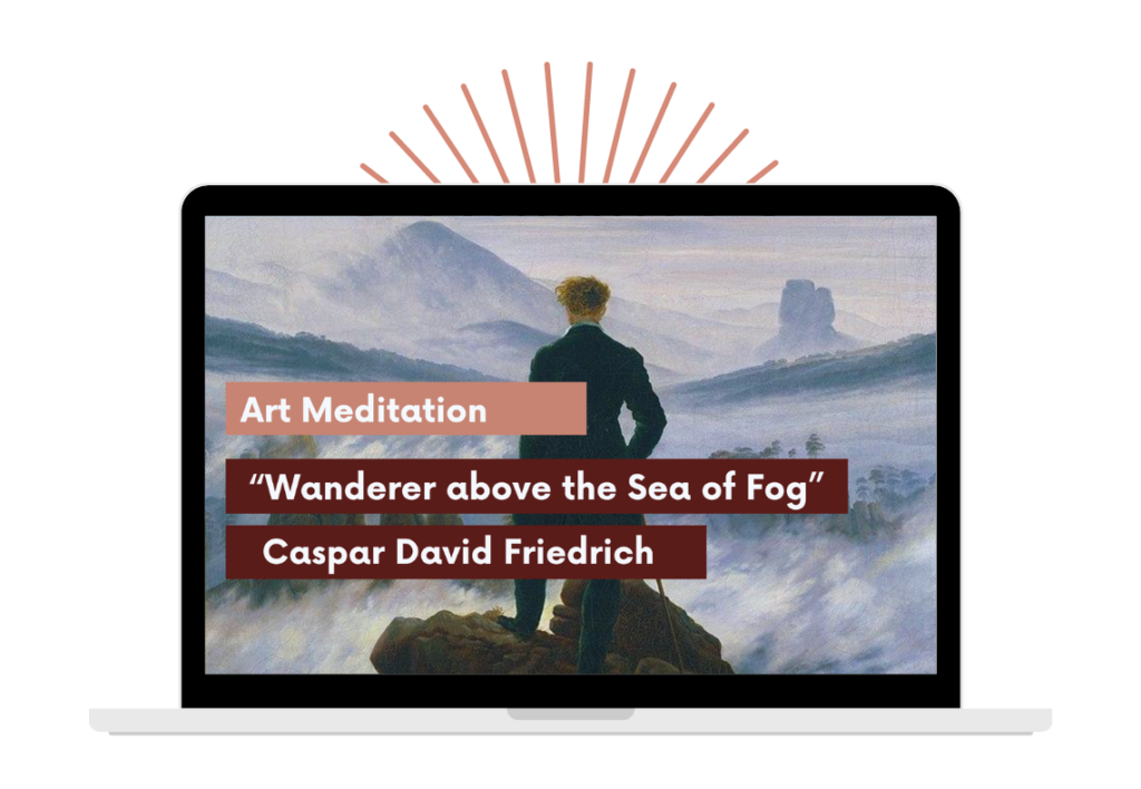 Computer mockup showing Art Meditation video featuring Friedrich’s Wanderer above the Sea of Fog alongside newsletter signup