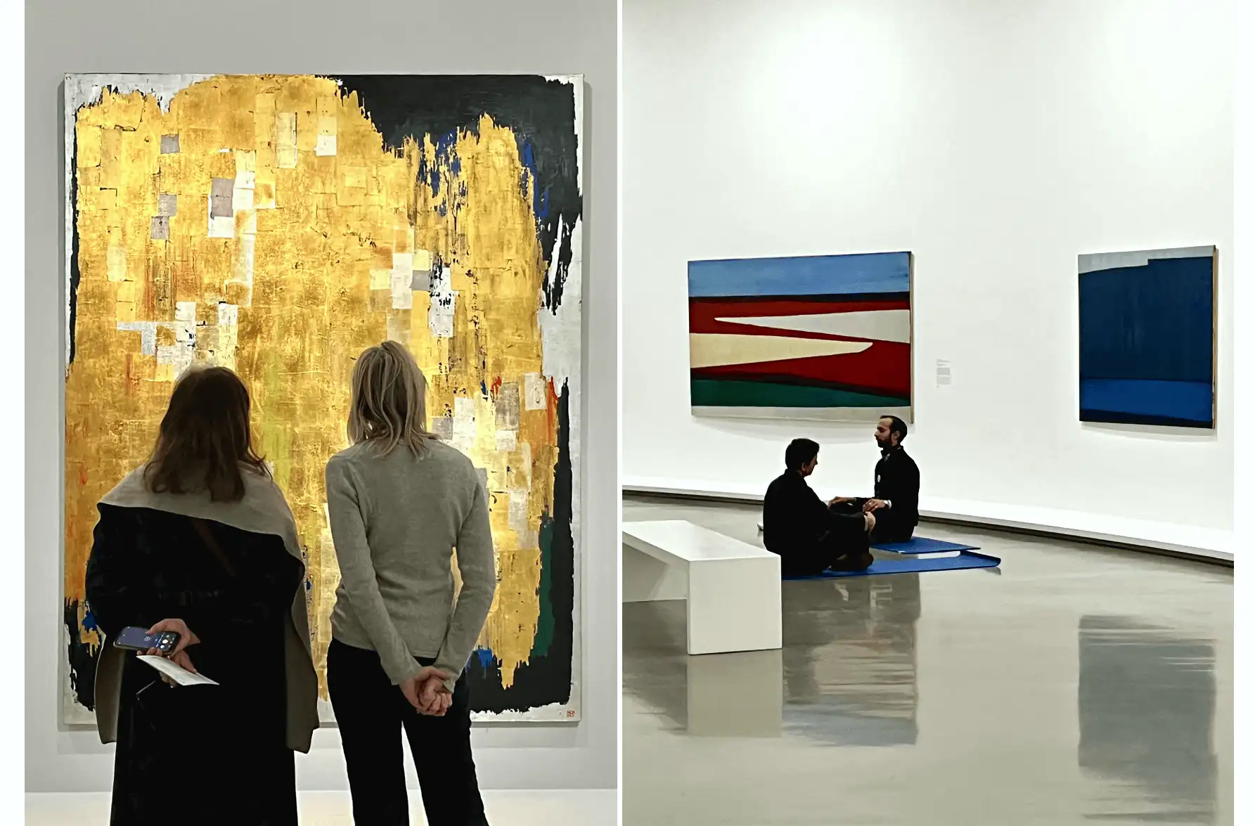 Two women looking closely at an abstract painting and people meditating in front of the painting in a museum room