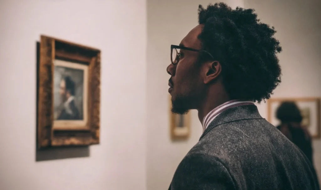 Person mindfully viewing a masterpiece in a gallery to regain focus.