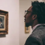 Person mindfully viewing a masterpiece in a gallery to regain focus.