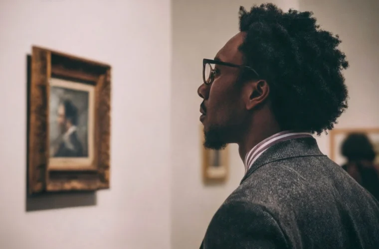 Person mindfully viewing a masterpiece in a gallery to regain focus.