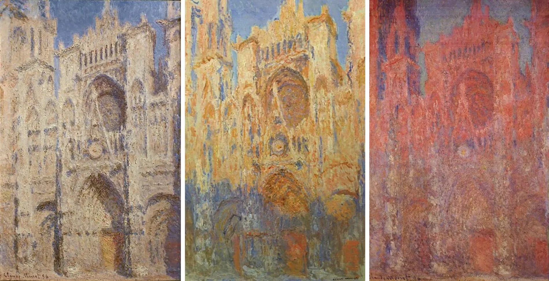 Three versions, side by side, of Monet&rsquo;s Rouen Cathedral facade, showing his process and artistic focus.