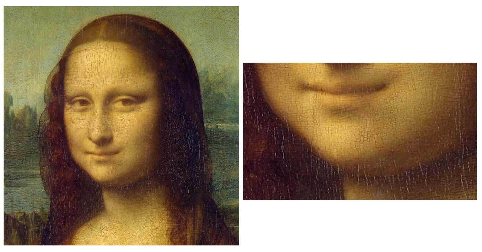 Side-by-side detail of Leonardo da Vinci's Mona Lisa showing the soft, dissolving edges around her lips and cheek &mdash; an example of the sfumato technique.