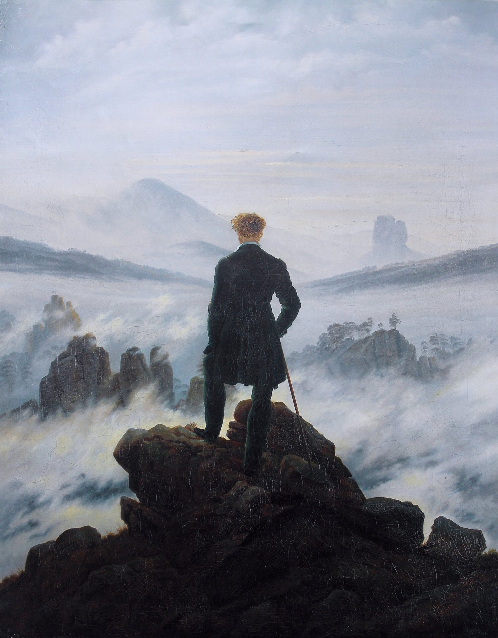 Caspar David Friedrich, Wanderer above the Sea of Fog, 1818 — a man seen from behind on a rocky peak above a sea of mist