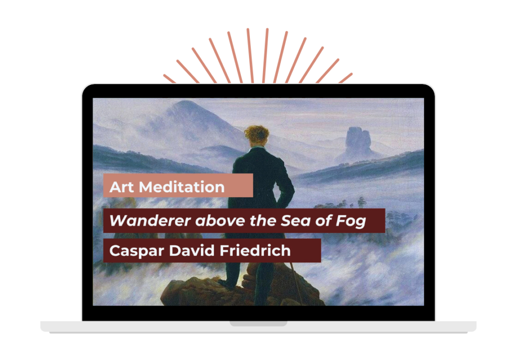 Computer mockup showing Art Meditation video featuring Friedrich’s Wanderer above the Sea of Fog alongside newsletter signup
