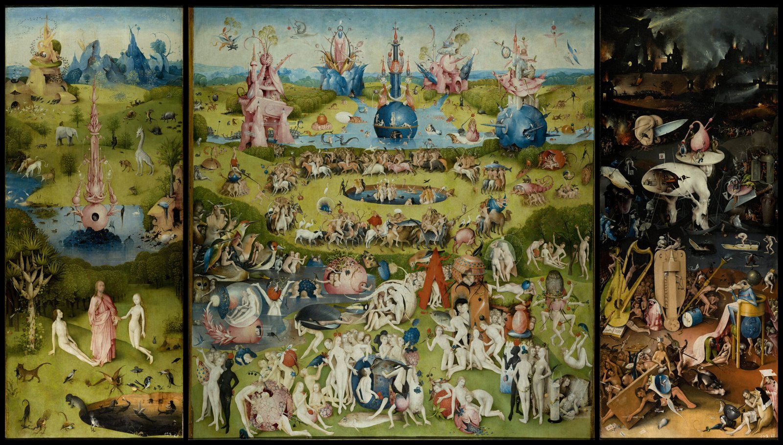 Hieronymus Bosch, The Garden of Earthly Delights, c. 1500 — a crowded triptych of fantastical figures, fruit, and translucent spheres