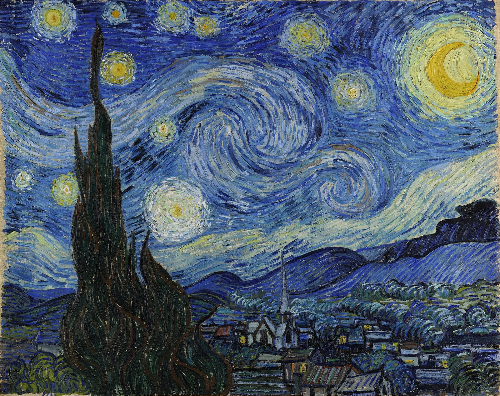 Vincent van Gogh, The Starry Night, 1889 — a swirling night sky over a sleeping village and a dark cypress