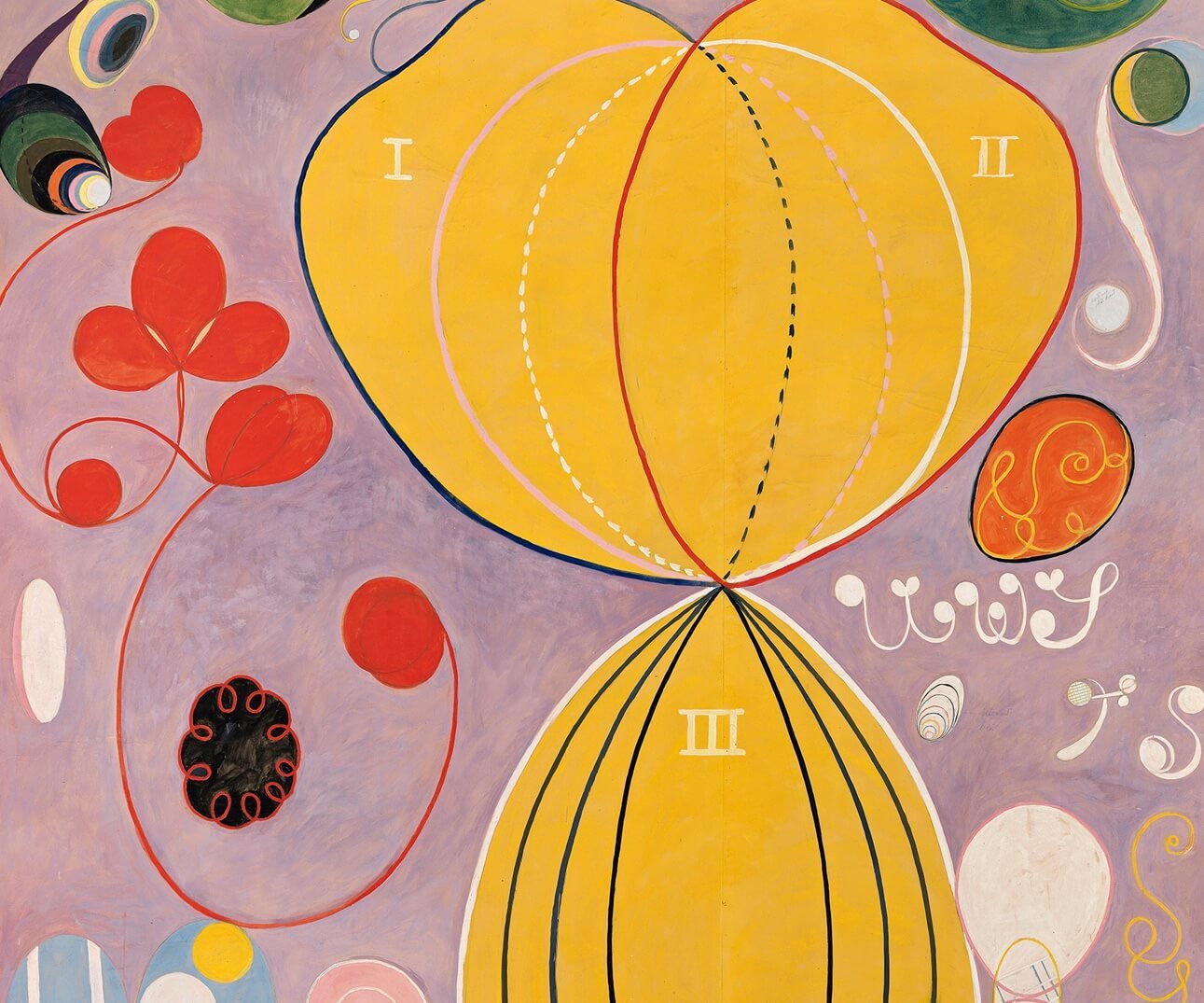 Hilma af Klint, The Ten Largest, No. 7, Adulthood, 1907 — a towering yellow double form, overlapping circles, red blossoms and curling tendrils on a pale lilac ground