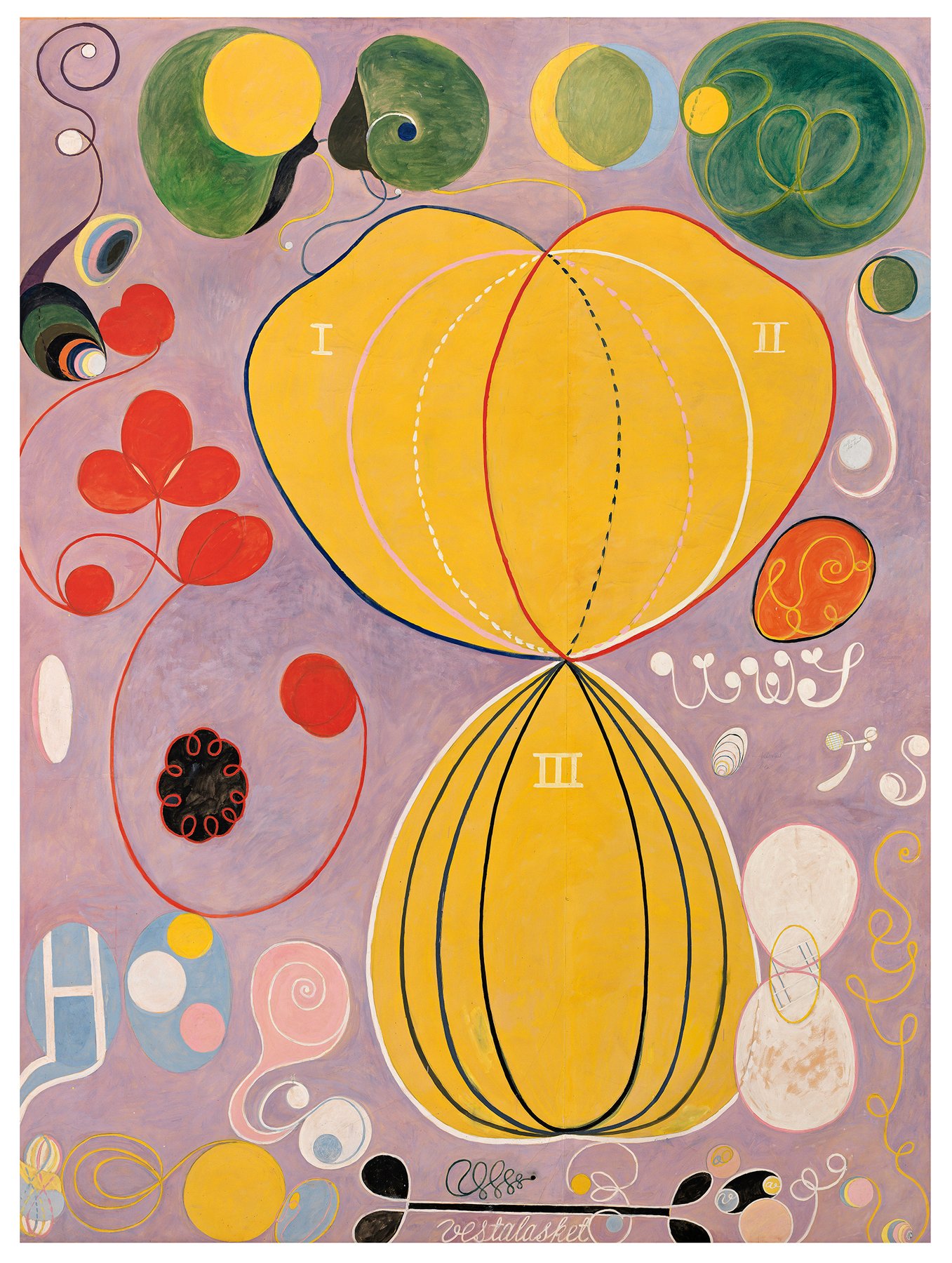 Hilma af Klint's The Ten Largest, No. 7, Adulthood, a towering yellow double form, overlapping circles, red blossoms and curling tendrils on a pale lilac ground — the focal artwork for this Hilma af Klint meditation.